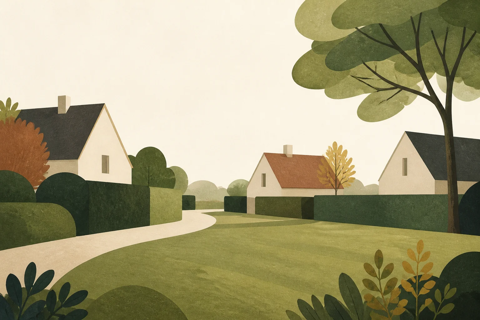 Personfri illustration af huse, levende hegn, en fælles grønning og en sti på Odins Ager