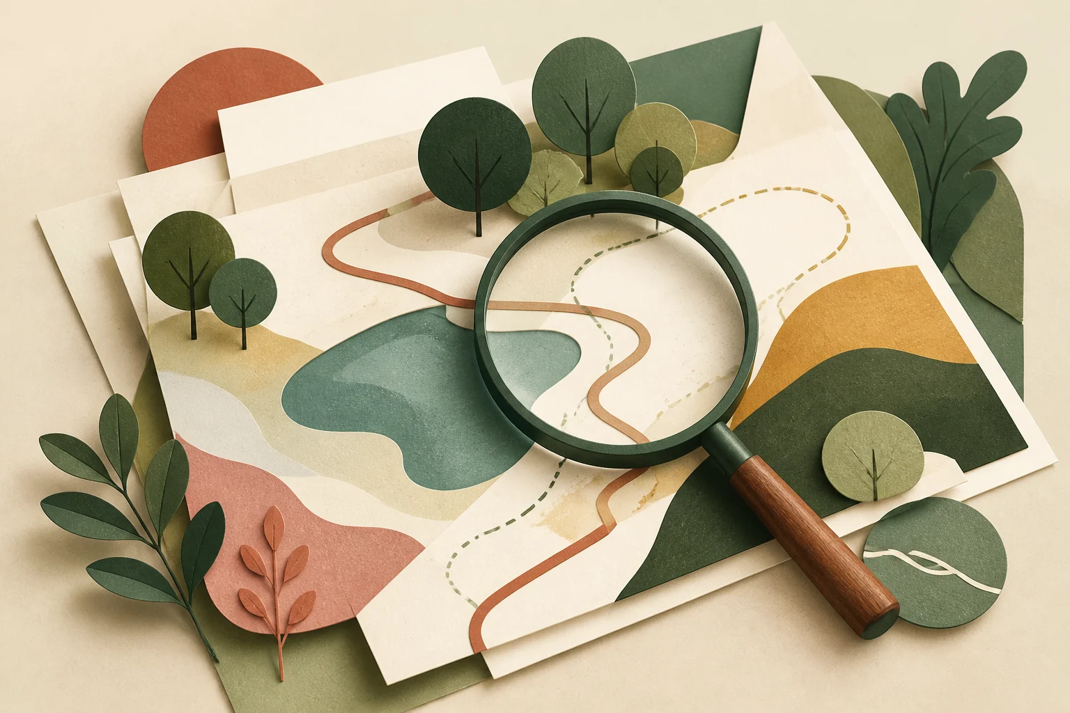 Personfri illustration af offentlige planer, en stilinje, natur og et forstørrelsesglas